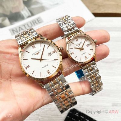 Copy Longines Master Quartz watches Half Rose Gold White Dial